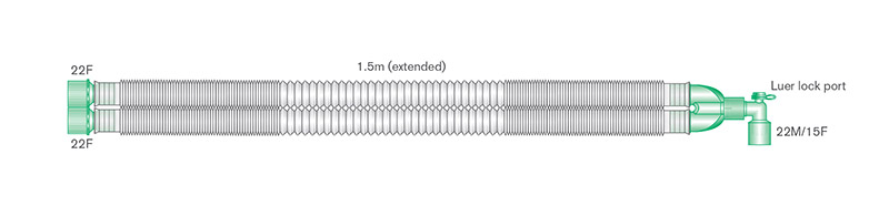 22mm Compact™ uitrekbaar beademingssysteem, 1.5m met hoekstuk en luer lock aansluiting