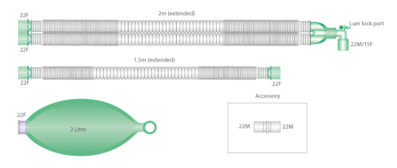 22mm Compact™ uitrekbaar beademingssysteem, 2.0m met 1.5m extra slang en 2.0L ballon