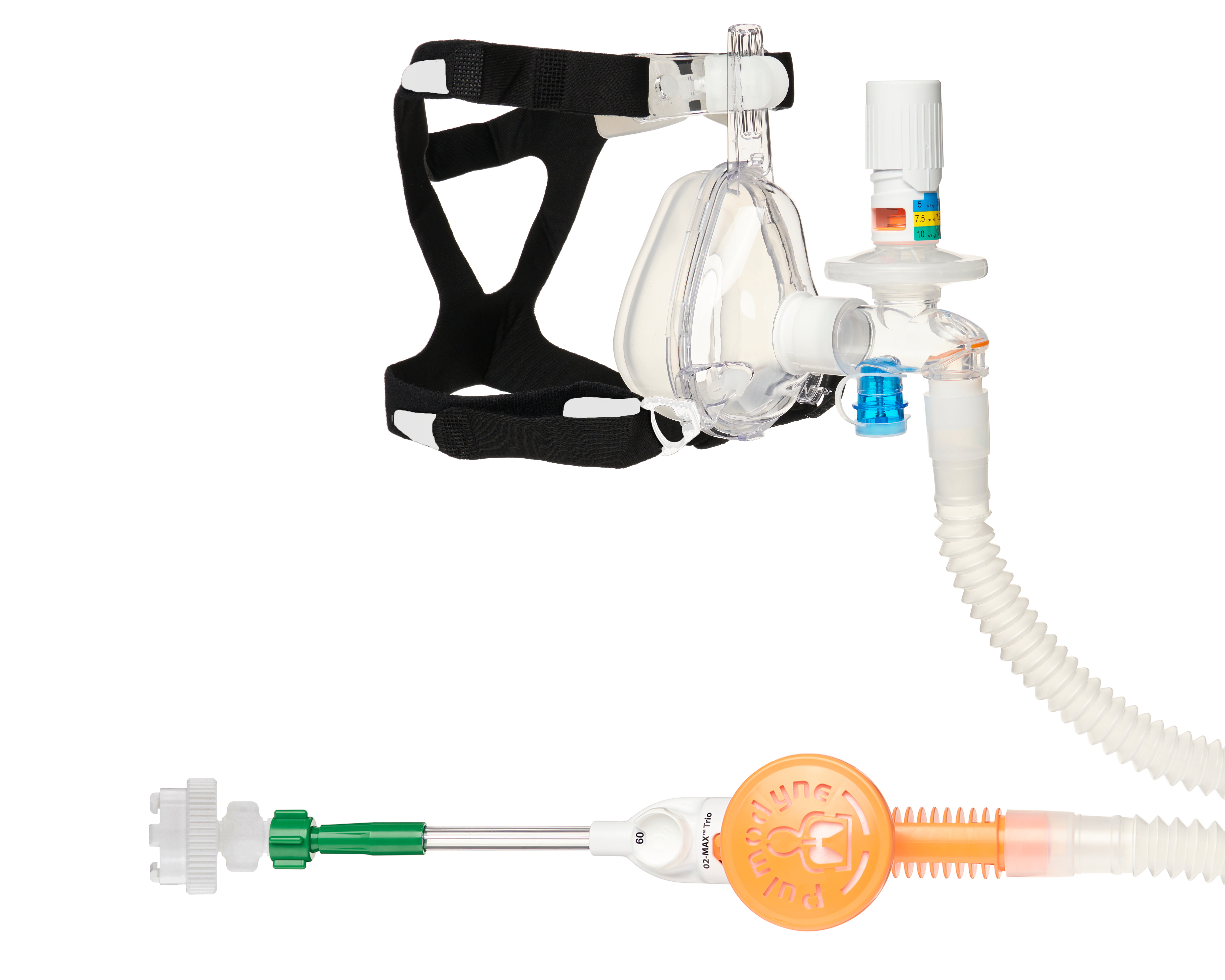 O2-MAX™ Trio-systeem met AFNOR Quik-Connect™, met uitbreidbare slang, 3-SET™ verstelbare PEEP-klep en BiTrac™ ED-masker, medium volwassene