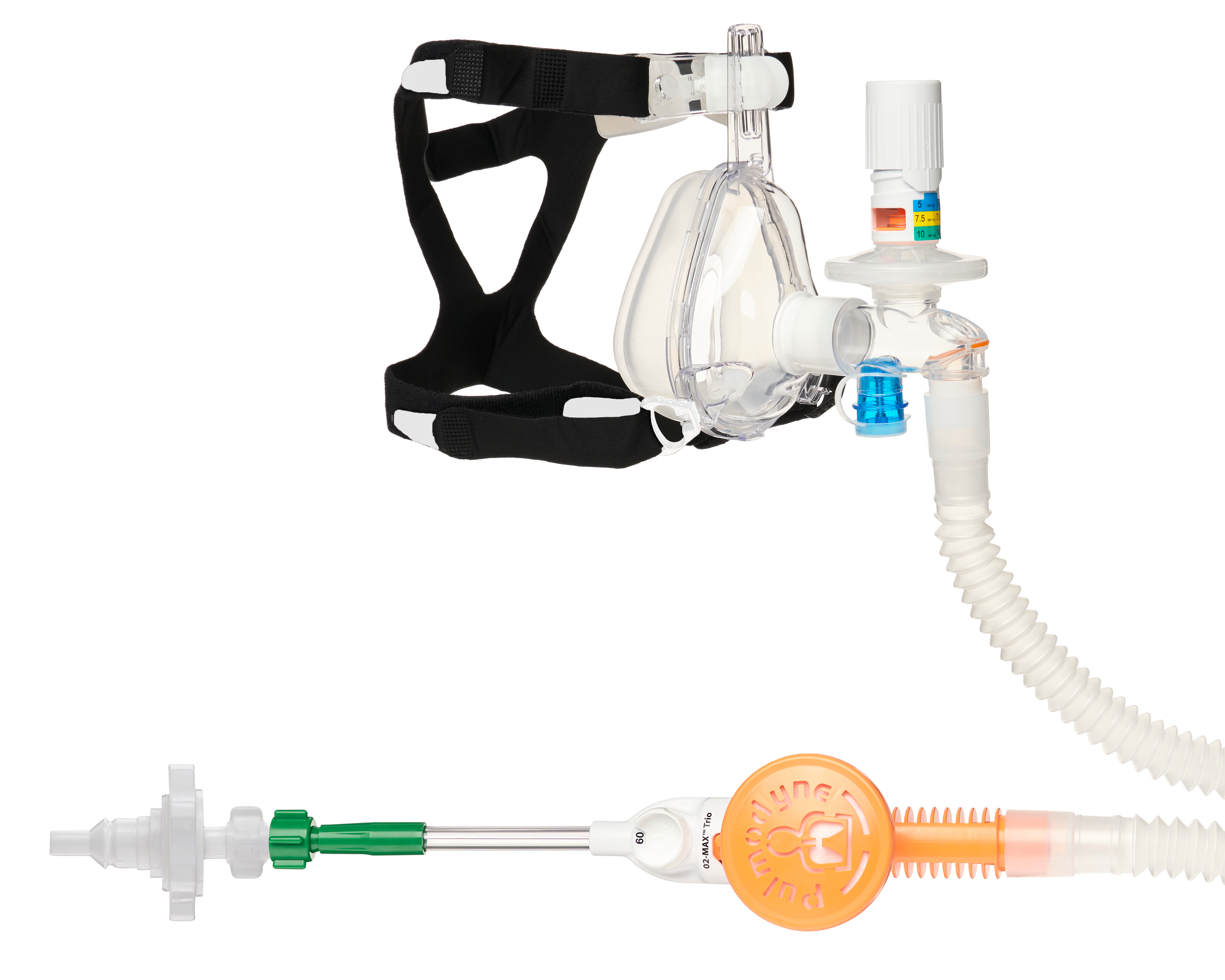 O2-MAX™ Trio-systeem met UNI Quik-Connect™, met uitbreidbare slang, 3-SET™ verstelbare PEEP-klep en BiTrac™ ED-masker, medium volwassene
