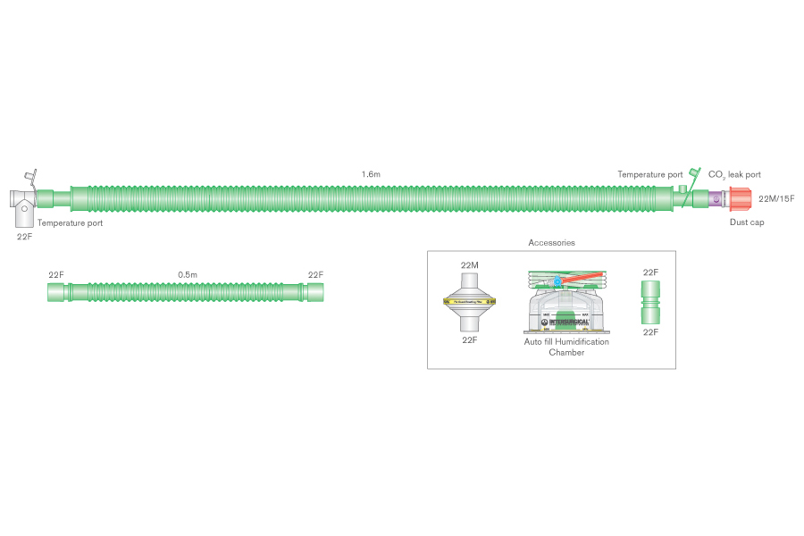 30mm Flextube™ bilevel verwarmd beademingssysteem voor volwassenen, 1.6m met swivel connector, uitademingspoort, automatisch vullende bevochtigingkamer en 0.5m extra slang