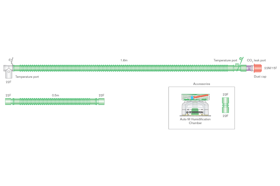 22mm Flextube™ bilevel verwarmd beademingssysteem voor kinderen, 1.6m met swivel connector, uitademingspoort, bevochtigingkamer en 0.5m extra slang
