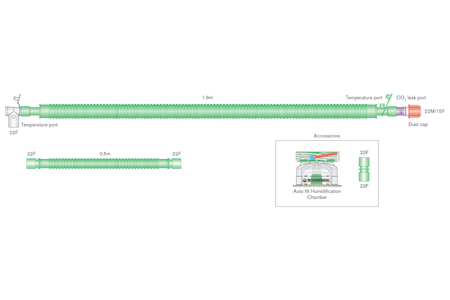 30mm Flextube™ bilevel verwarmd beademingssysteem voor volwassenen, ≥ 1.6m met swivel connector, uitademingspoort, bevochtigingkamer en ≥ 0.5m extra slang