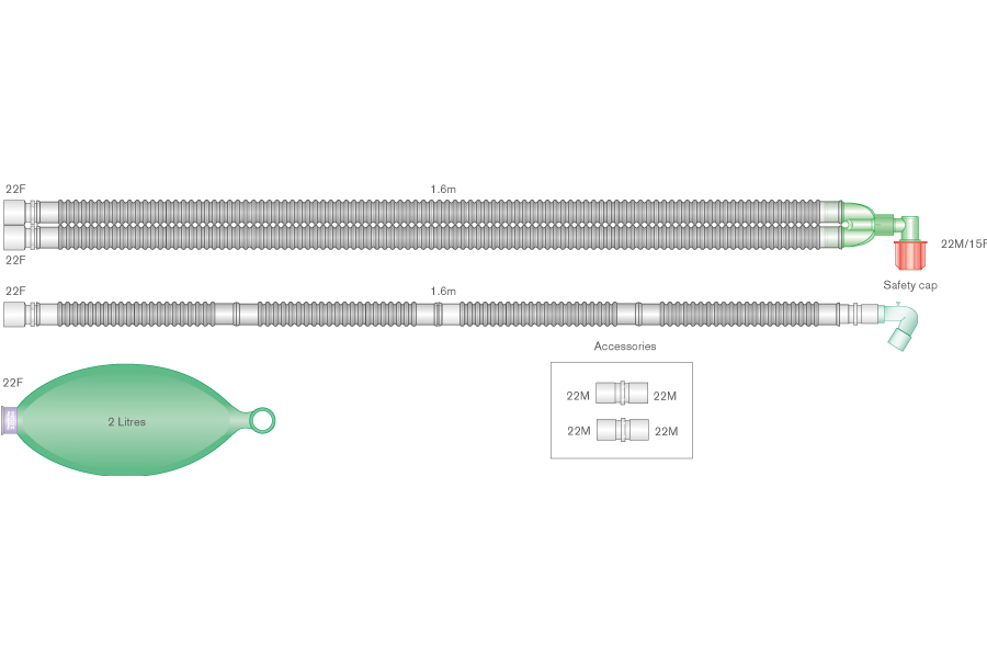22mm Flextube™ beademingssysteem 1.6m met vast hoekstuk, 1.6m extra slang en 2.0L ballon
