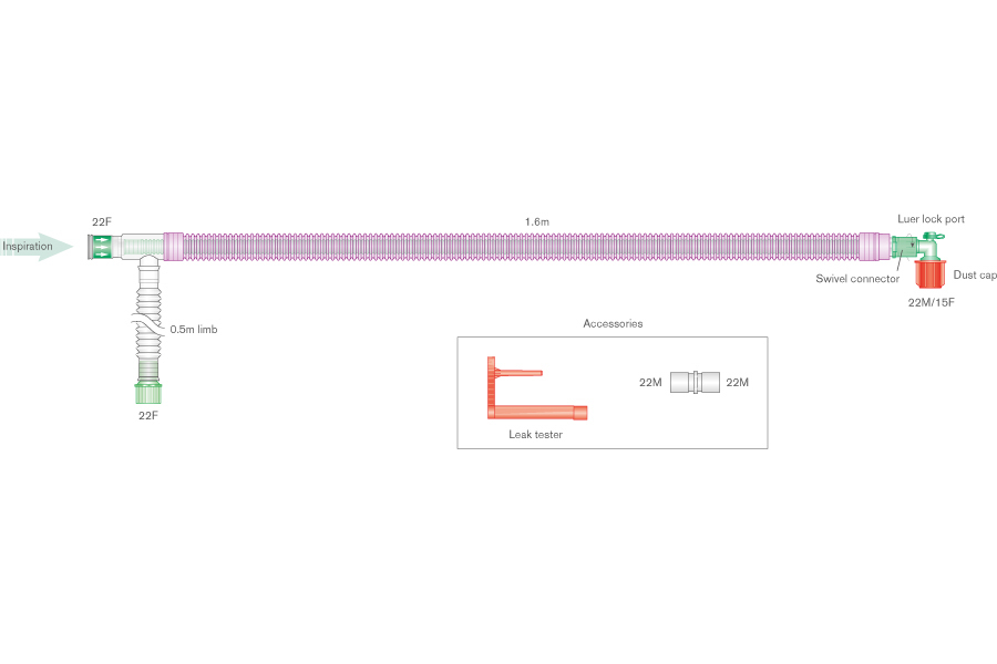 30mm Silver Knight™ anti-microbieel UniFlow™ coaxiaal beademingssysteem, 1.6m met hoekstuk, luer aansluiting