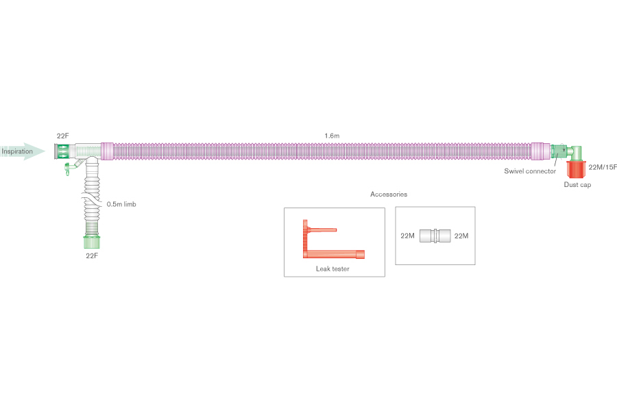 30mm Silver Knight™ anti-microbieel UniFlow™ coaxiaal beademingssysteem, 1.6m met geïntegreerde monitorlijn en 0.5m extra slang
