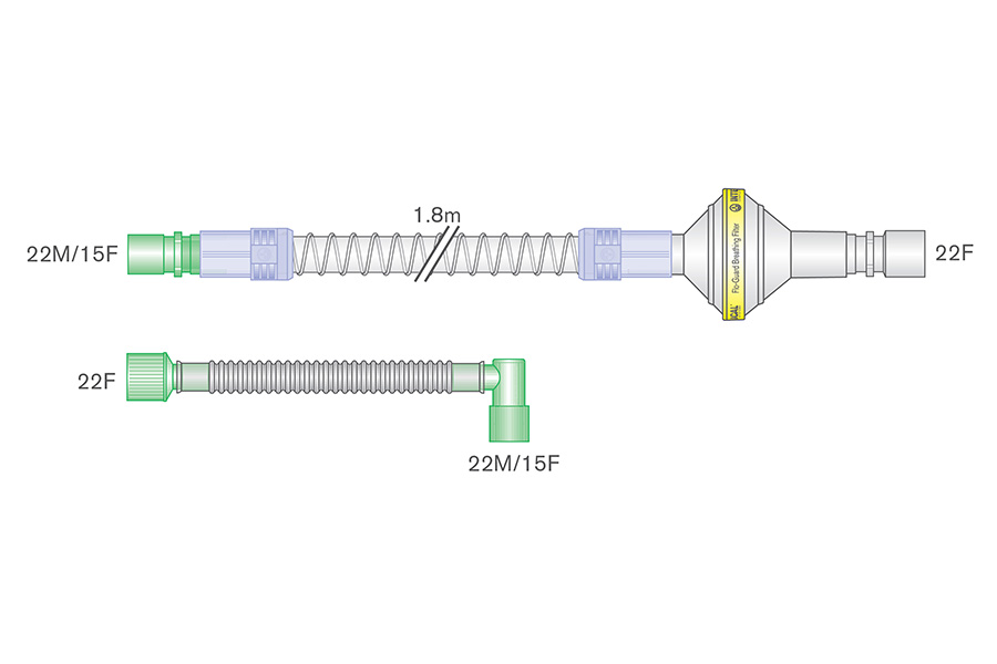 Smoothbore beademingssysteem voor Cough Assist met flexibel verbindingsstuk met vast hoekstuk en Flo-Guard filter, 1.8m