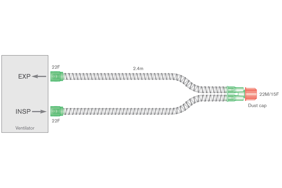15mm Smoothbore beademingssysteem met recht 15mm Y-stuk met poorten. ≥2.4m