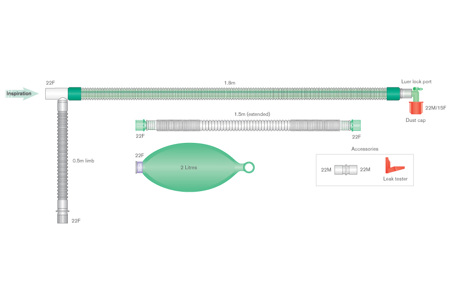 22mm DuoFlow beademingssysteem inclusief hoekstuk met luer aansluiting en beademingsballon van 2L, ≥ 1.8m