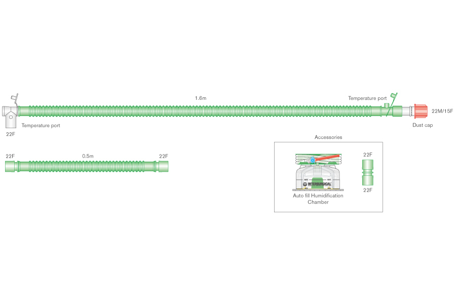 22mm Flextube™ bilevel verwarmd beademingssysteem voor kinderen, 1.6m met swivel connector, bevochtigingkamer en 0.5m extra slang