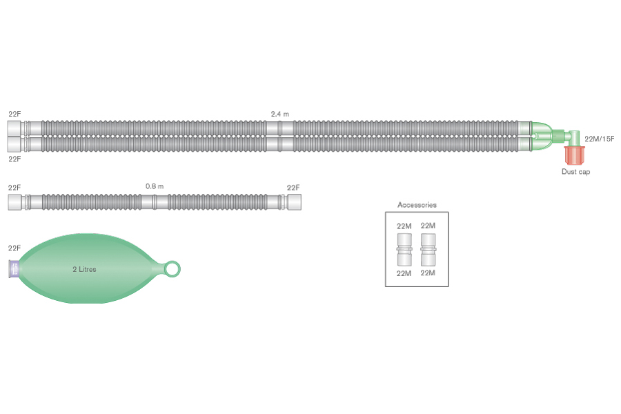 22mm Flextube™ beademingssysteem, 2.4m met 0.8m extra slang en 2.0L ballon