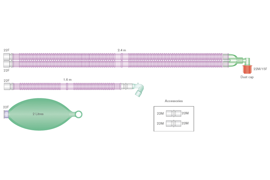 22mm Silver Knight™ anti-microbieel Flextube™ beademingssysteem, 2.4m met vast hoekstuk, 1.6m extra slang en 2.0L ballon, voor op Aespire™, Avance™ en Aisys™ ventilatoren