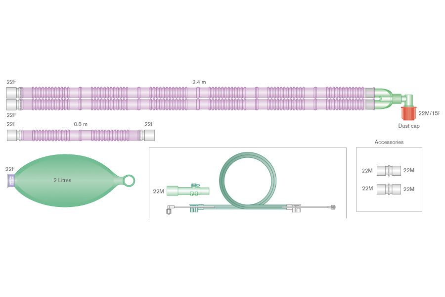 22mm Silver Knight™ anti-microbieel Flextube™ beademingssysteem, 2.4m met vast hoekstuk, 0.8m extra slang en 2.0L ballon en spirometrieset, voor op Aespire™, Avance™ en Aisys™ ventilatoren