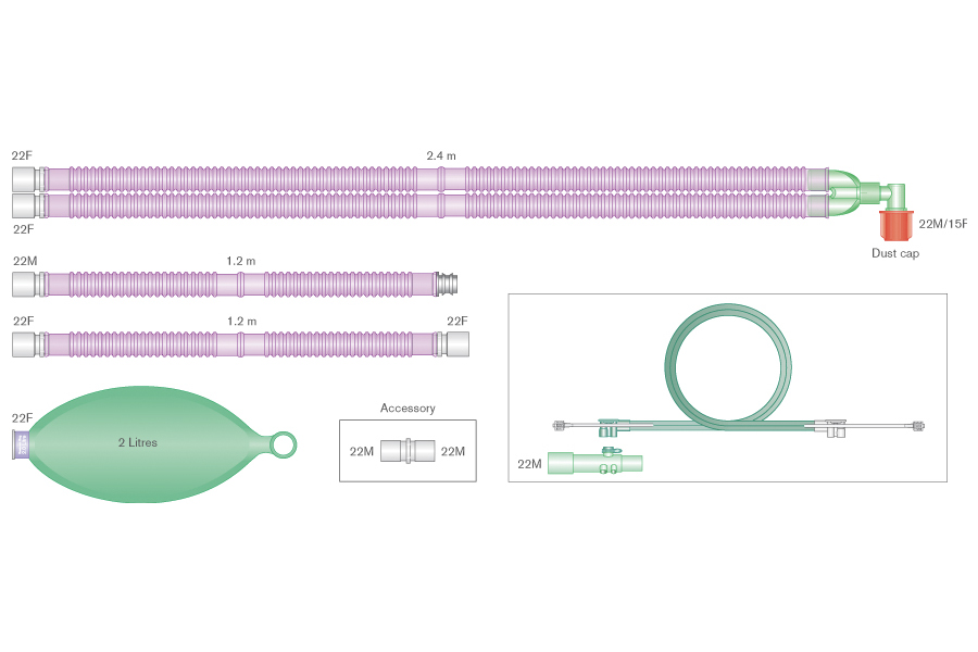 22mm Silver Knight™ anti-microbieel Flextube™ beademingssysteem, 2.4m met vast hoekstuk, 2 x 2.1m extra slang, 2.0L ballon en spirometrieset, voor op ADU® anesthesietoestellen