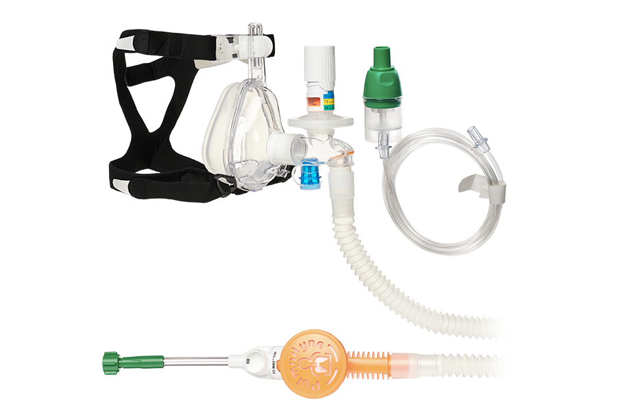 O2-MAX™ Trio-systeem met AFNOR Quik-Connect™, met uitbreidbare slang, 3-SET™ verstelbare PEEP-klep en BiTrac™ ED-masker, groot volwassene 