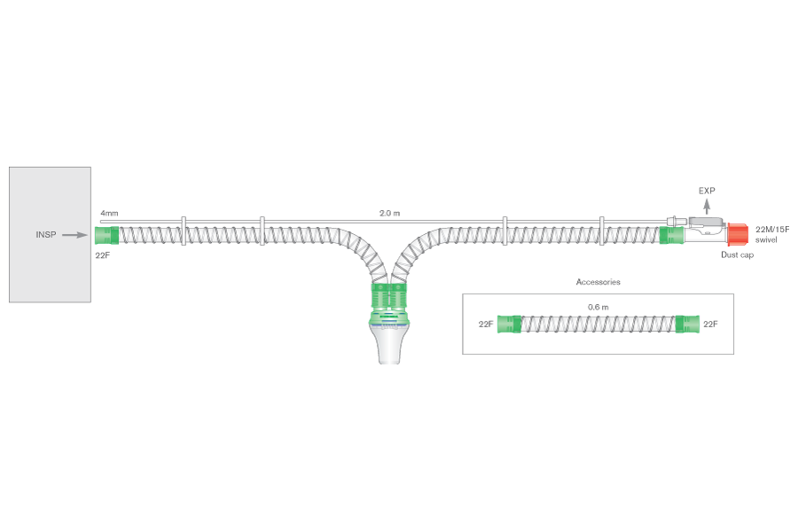 22mm Smoothbore beademingssysteem voor Vivo 50™, harde connectoren, ≥ 1.6m met expiratieklep en kleplijn, vochtvanger en 0.6m extra slang