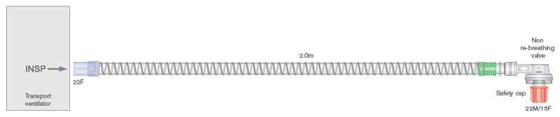 22mm Smoothbore transport beademingssysteem, 2.0m met non-rebreathing klep voor Oxylog® 1000, Pneupac® paraPAC®, ventiPAC® en transPAC™