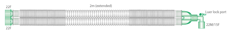22mm Compact™ uitrekbaar beademingssysteem, 2.0m met hoekstuk en luer lock aansluiting, steriel